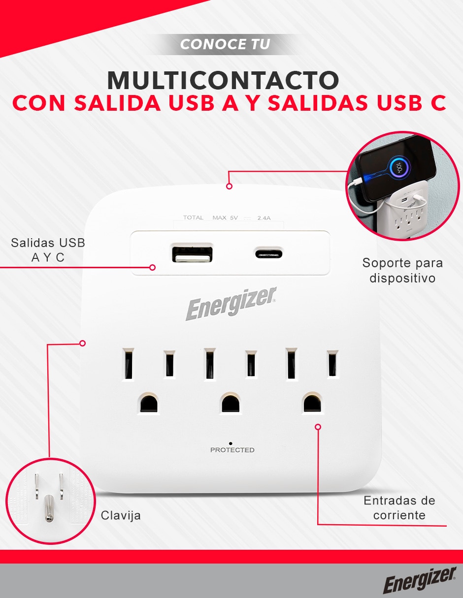Multicontacto en-tap3 de 3 salidas y 2 puertos usb