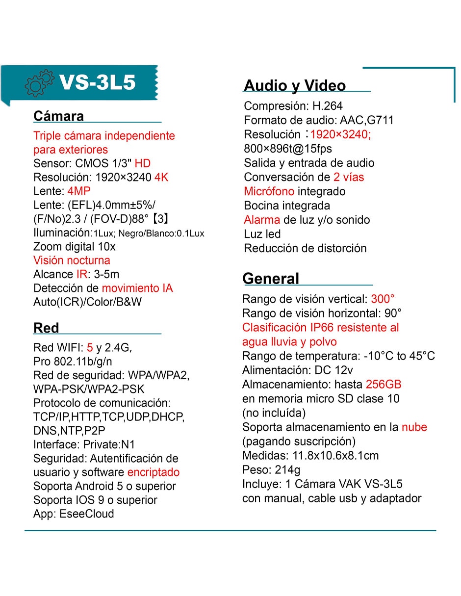 Camara individual de seguridad modelo VS-3L5 alámbrica 4K/UHD 90° con capacidad para grabar con visión nocturna para interior y exterior 3