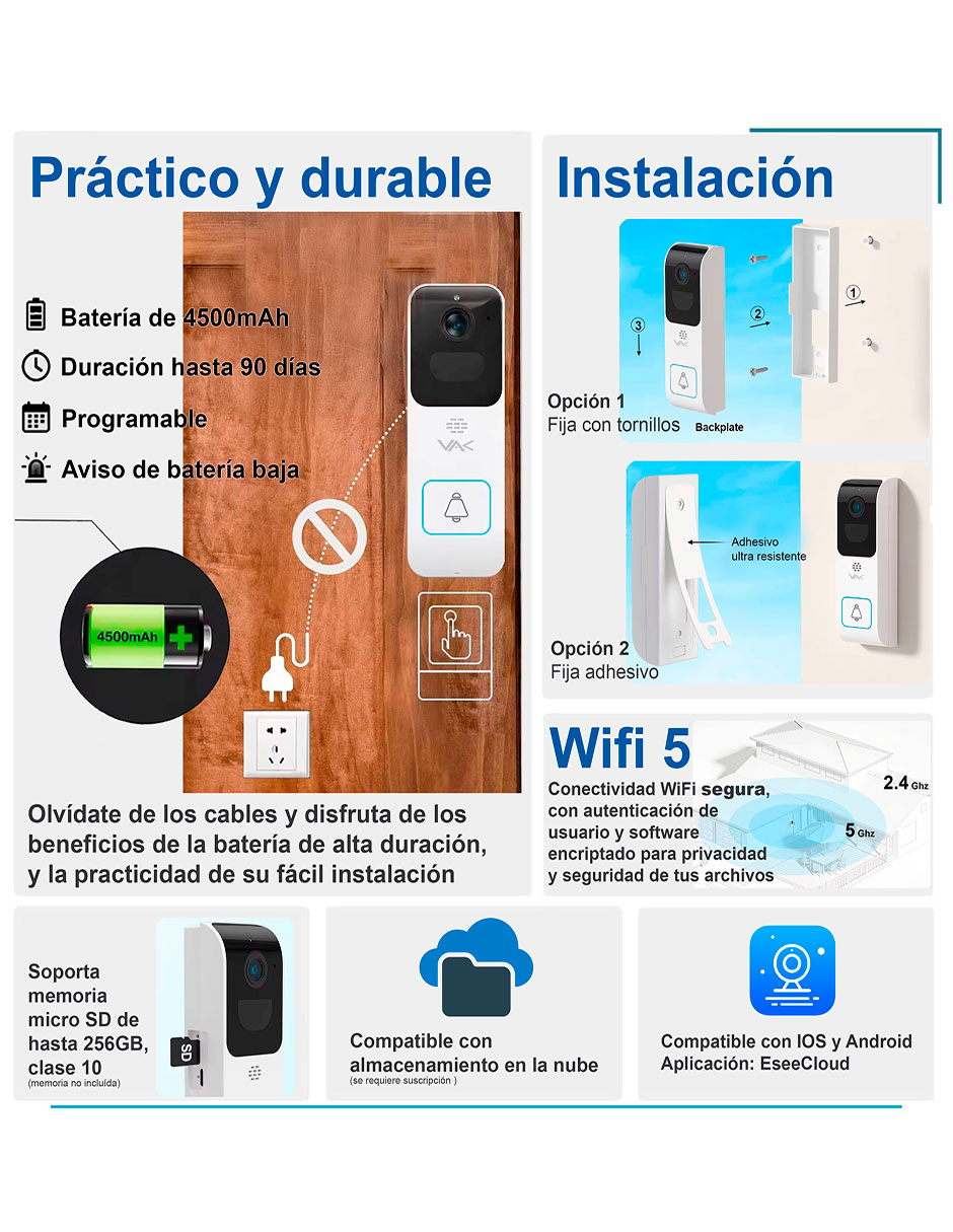 Cámara con timbre de seguridad alámbrica 4K/UHD 90° con visión nocturna para interior y exterior 5
