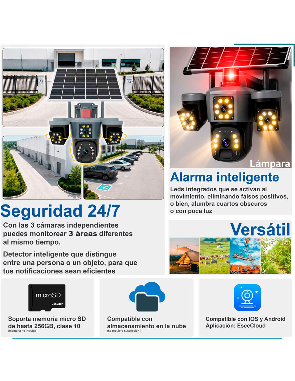 Cámara solar de seguridad modelo VS-3L7 Inalámbrica 4K/UHD 107° a 82° con capacidad de grabar visión nocturna para exterior 5