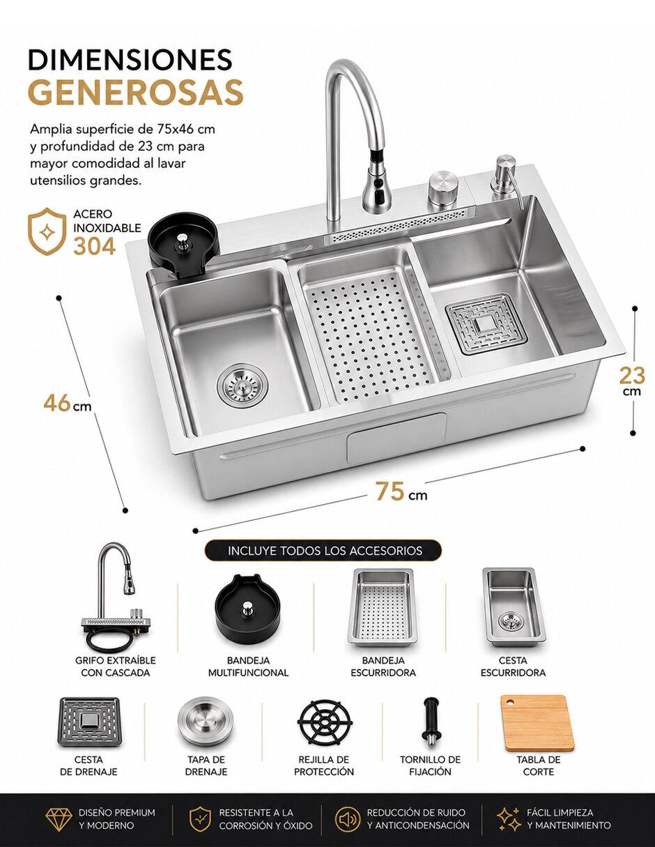 Fregadero de acero inoxidable con escurridor derecho Tarjakit304 5