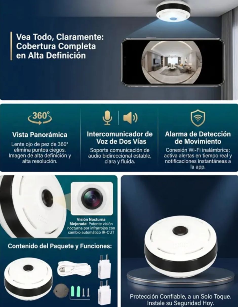 Cámara Wi-Fi de seguridad modelo Inalámbrica 2K 360° con capacidad de grabar para Interior y exterior