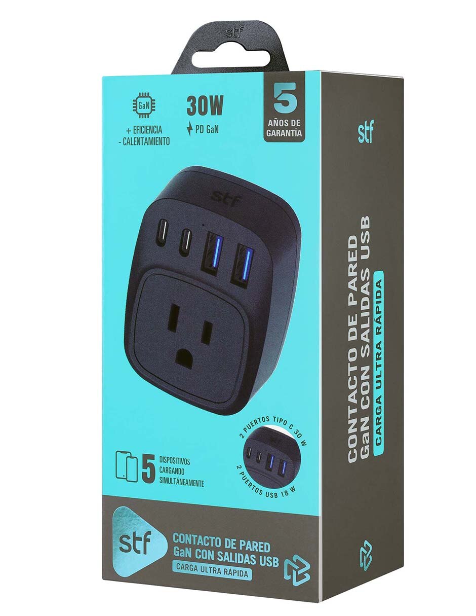 Multicontacto GaN USB y USB-C - Carga ultra rápida 5 dispositivos de 1 contacto 12