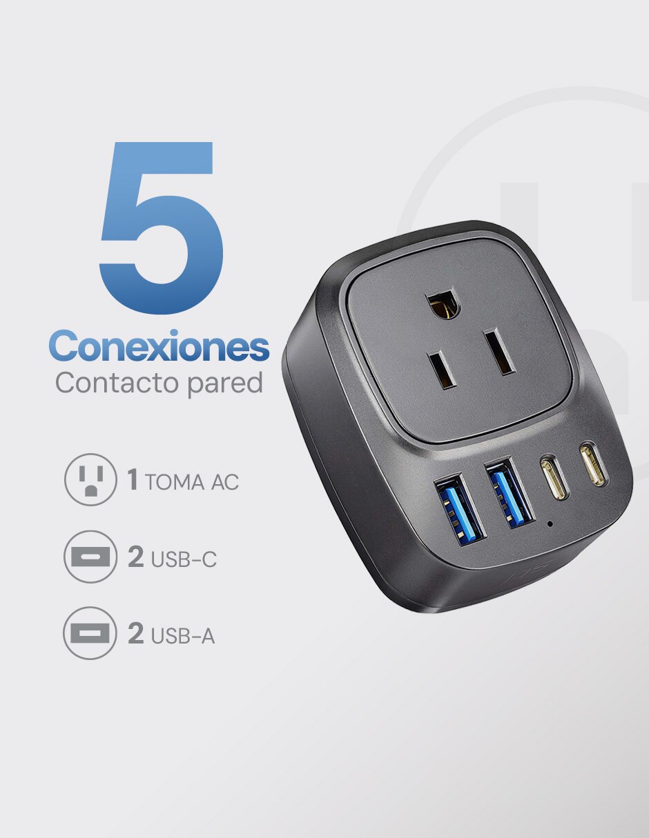 Multicontacto GaN USB y USB-C - Carga ultra rápida 5 dispositivos de 1 contacto 3