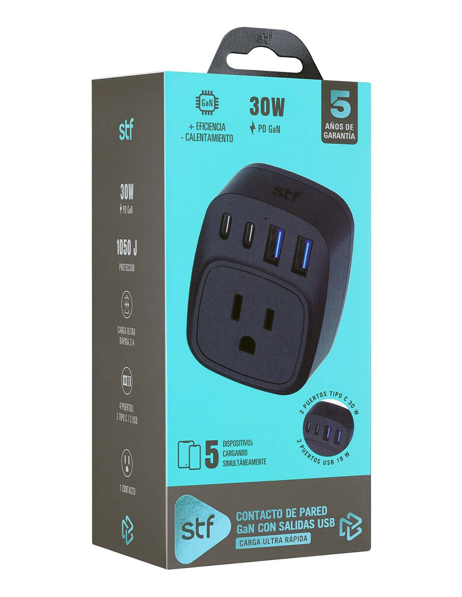 Multicontacto GaN USB y USB-C - Carga ultra rápida 5 dispositivos de 1 contacto 10