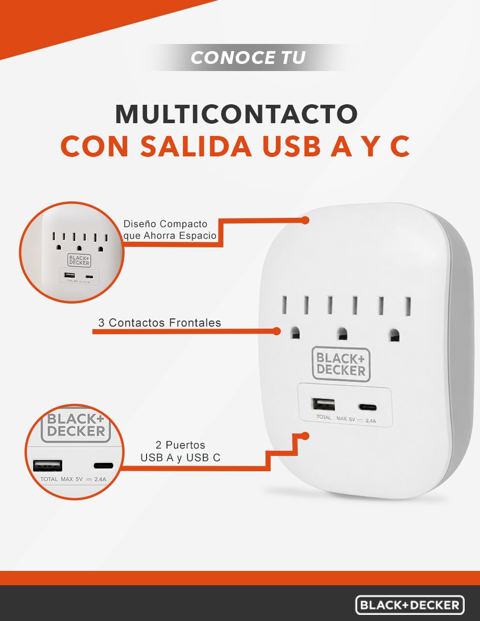 Multicontacto BDXEEMTTAP1 de 3 salidas y 2 puertos USB 2