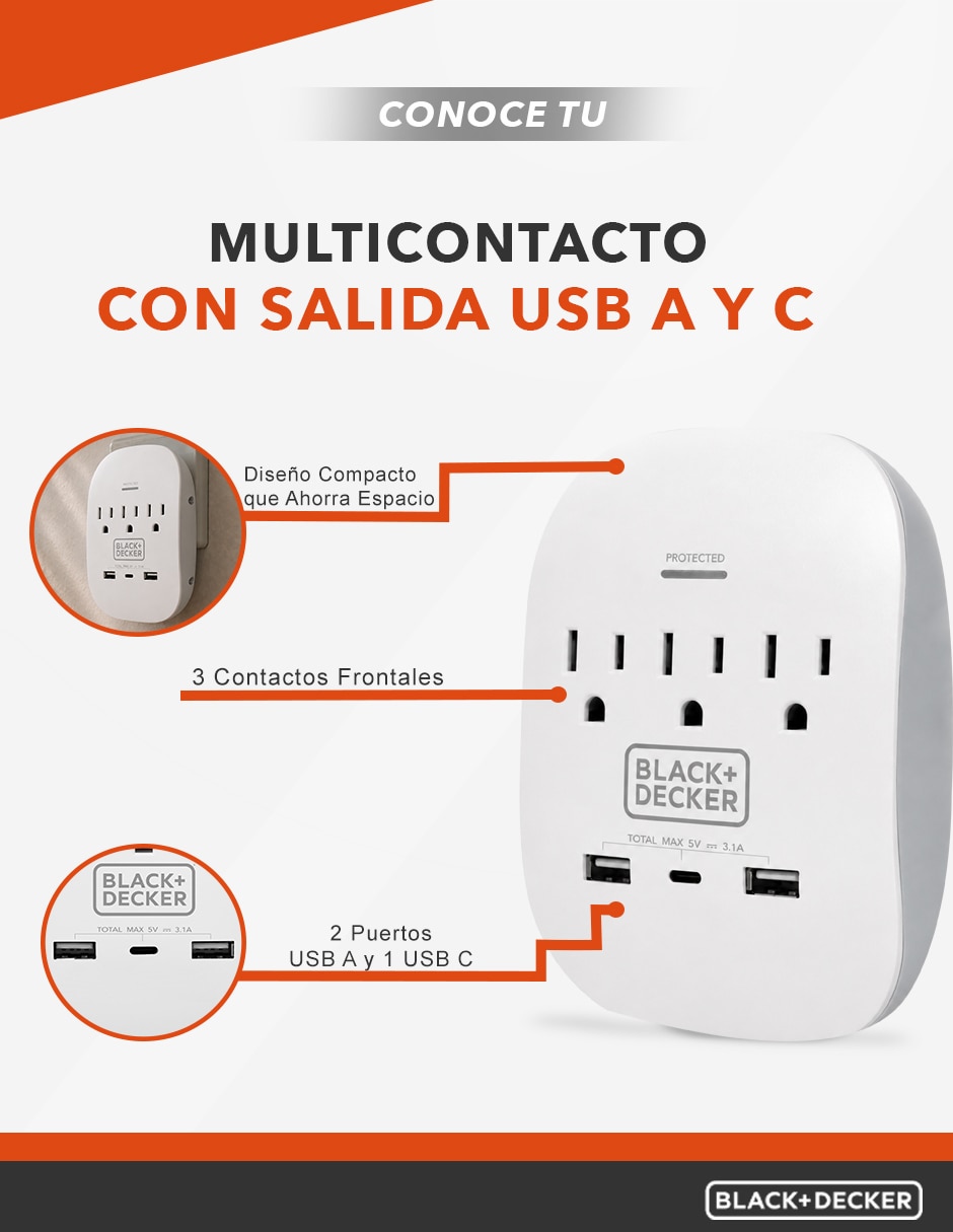 Multicontacto BDXEEMTTAP2 de 3 salidas y 2 puertos USB 2