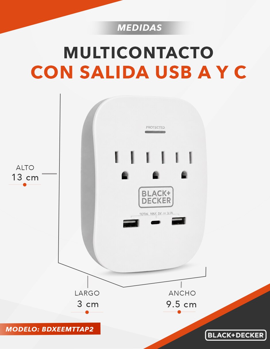 Multicontacto BDXEEMTTAP2 de 3 salidas y 2 puertos USB 9